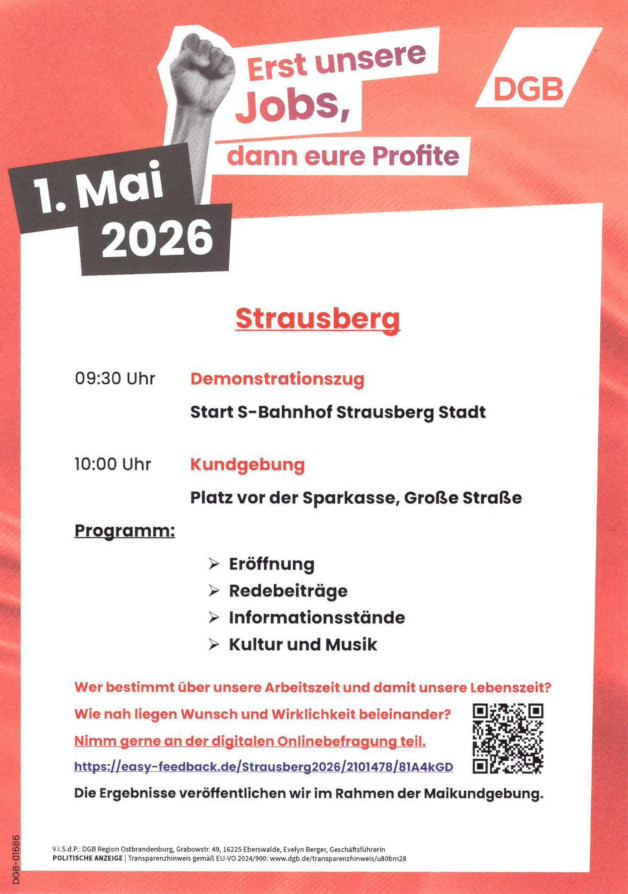 1. Mai 2026 Demonstration Start 9 Uhr 30 am S-Bahnhof Strausberg Stadt 