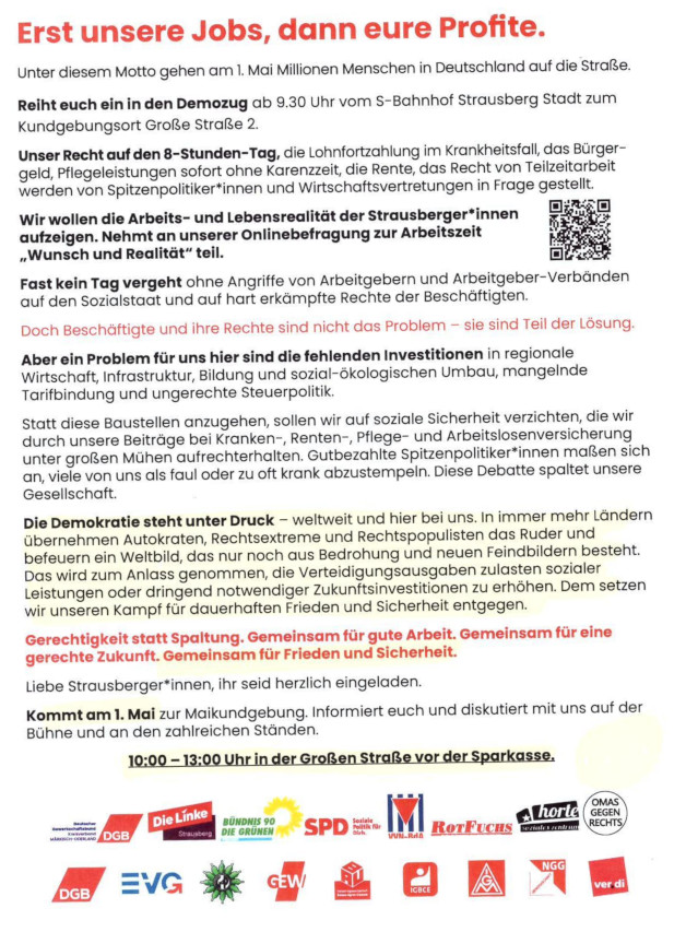 1. Mai 2026 Demonstration Start 9 Uhr 30 am S-Bahnhof Strausberg Stadt 